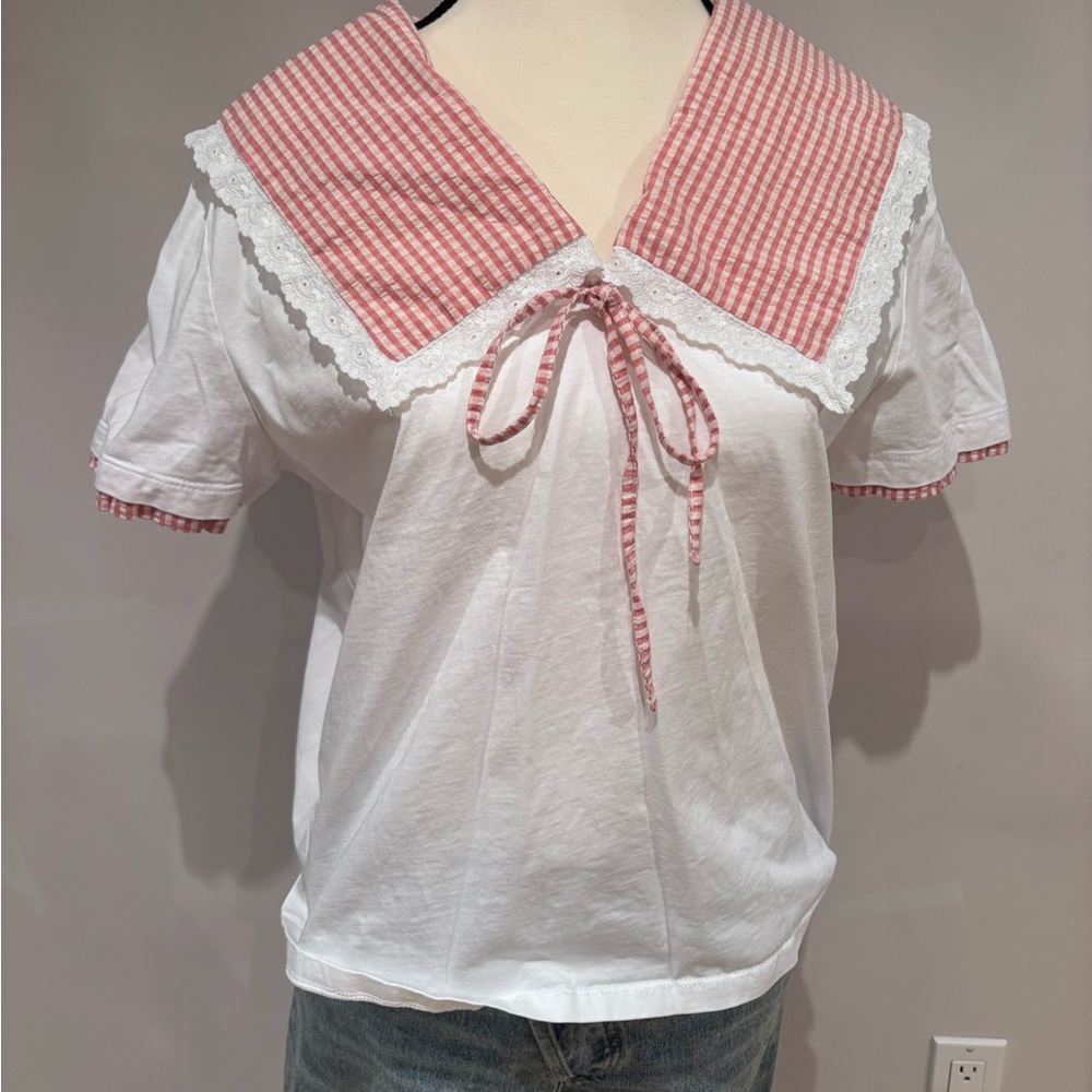 Zara Gingham Short Sleeve T-Shirt Pink and White Cotton Spring/Summer Size L - Picture 2 of 4